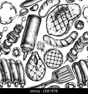 Motif sans couture avec spatule noire et blanche, côtes de porc, kebab, saucisses, steak, bouteilles de sauce, patties de hamburger grillées, tomates grillées, grillées Illustration de Vecteur