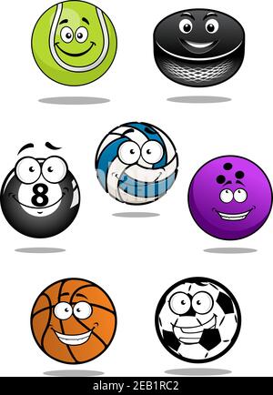 De jolis ballons et personnages de dessin animé de palet, y compris des équipements pour le football ou le football, le hockey sur glace, le volley-ball, le basket-ball, le bowling, le tennis, le billard Illustration de Vecteur