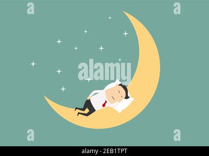 Homme d'affaires fatigué de dessin animé dormant sur la lune entouré par des étoiles brillantes pour la détente ou le concept de rêve. Style plat Illustration de Vecteur