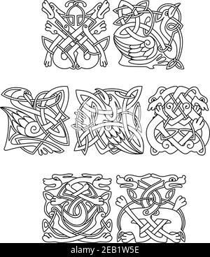 Résumé animaux et oiseaux contourés dans le style traditionnel celtique Knot décoration géométrique tribale pour totem de style médiéval Illustration de Vecteur