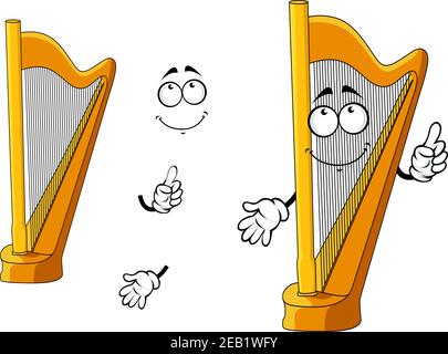 Personnage de harpe jaune de dessin animé montrant un instrument de musique classique en bois poli avec un joli visage souriant Illustration de Vecteur