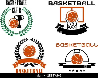 Modèles de symboles ou d'emblèmes de club de basket-ball avec balles de basket-ball orange, partie de terrain de sport, panier, coupes de trophées, couronnes de Laurier, ruban vierge bann Illustration de Vecteur
