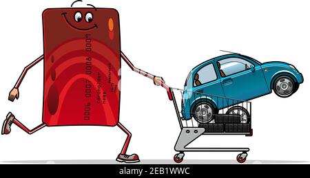 Achat de voiture concept montrant heureux rouge carte de crédit personnage de bande dessinée avec une nouvelle voiture bleue et un ensemble de pneus dans les magasins chariot isolé sur fond blanc Illustration de Vecteur