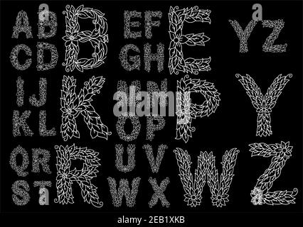 L'alphabet floral avec des lettres majuscules aérées se compose de feuilles de cordate, de fleurs et de tendrils torsadés sur fond noir pour la décoration vintage o Illustration de Vecteur