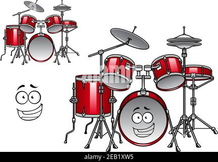 Personnage de jeu de tambours rouges de dessin animé avec cymbales brillants et heureux visage souriant adapté au design musical Illustration de Vecteur