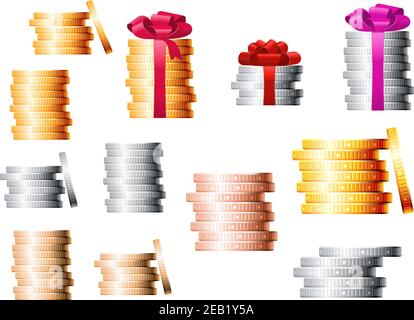 Des piles de pièces d'or, d'argent et de bronze, plusieurs piles ont attaché un ruban rouge avec des noeuds luxuriants sur le dessus Illustration de Vecteur