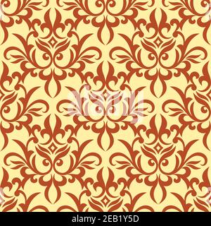 Feuillage rétro orange damask e motif sans couture avec des fleurs bouclés sur fond jaune pour le papier peint ou la moquette Illustration de Vecteur