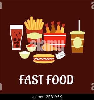 Les en-cas et les boissons de restauration rapide sont mis en place dans un style plat avec des frites à emporter, un hot dog, des cuisses de poulet frites, des tasses de sauce, du soda, du café et une note de marron foncé Illustration de Vecteur