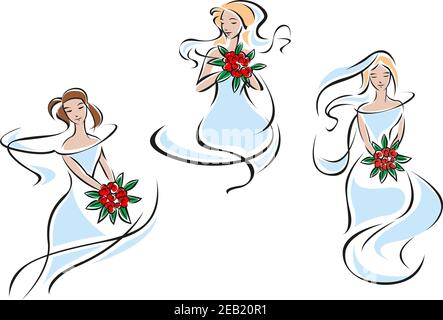 Romantique belles épouses dans le contour des lignes fluides montrant de jolies filles en robe de mariage bleue délicate avec bouquets de fleurs rouges pour mariage Illustration de Vecteur