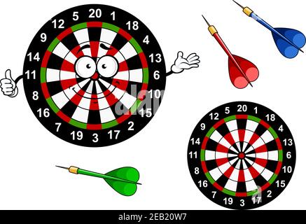 Personnage de dessin animé de cible de dartboard amusant avec des segments de couleur vive et flèches indiquant le mouvement du pouce vers le haut pour le sport ou les loisirs conception Illustration de Vecteur