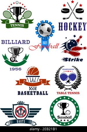 Ensemble d'icônes et de symboles de jeux sportifs sur fond blanc mettant l'accent sur le tennis, le football ou le football, le hockey sur glace, le billard, le basket-ball, le tennis de table et les fléchettes Illustration de Vecteur