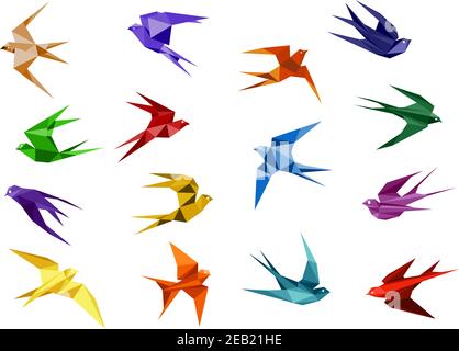 Le papier d'origami coloré avalent les oiseaux en vol isolés sur du blanc arrière-plan du modèle de logo ou d'emblème Illustration de Vecteur