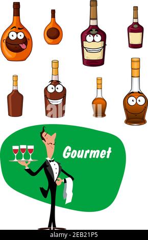 Élégant sommelier avec un plateau de boissons et un collection de boissons alcoolisées et liqueurs en bouteilles avec happy Visages et texte Gourmet Illustration de Vecteur