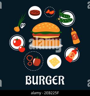 Savoureux hamburger concept avec des ingrédients tels que la tomate, le poivre, l'oignon, la patty de boeuf, le concombre, la moutarde, le ketchup et le fromage Illustration de Vecteur