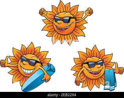 Les personnages branchés du soleil d'été avec des visages heureux portant des lunettes de soleil et des vagues, deux avec planches de surf Illustration de Vecteur