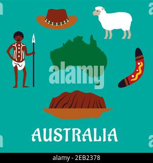 Icônes et monuments australiens conceptuels de voyage avec carte australienne entourée par la montagne, boomerang, moutons, chapeau de sombrero et homme natif Illustration de Vecteur