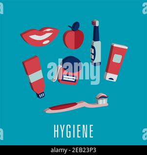 Hygiène dentaire concept médical de style plat avec section transversale de dents saines entouré de brosses à dents, sourire torturé, pomme, dentifrice, soie dentaire et c Illustration de Vecteur