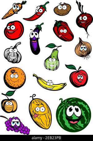 Personnages amusants de la bande dessinée : pomme, orange, tomate, oignon, banane, pomme de terre, ail, piment et poivrons, carotte, melon, Illustration de Vecteur