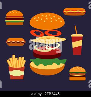 Icônes de plats variés à emporter, notamment cheeseburger, hot dog, frites, hamburger, café et cheeseburger au sésame avec ingrédients Illustration de Vecteur