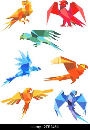 Différents papiers d'origami colorés stylisés perroquets volants, isolés sur fond blanc Illustration de Vecteur