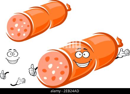 Drôle de dessin animé orange tranché caractère saucisse avec le visage heureux et petites mains sur fond blanc Illustration de Vecteur