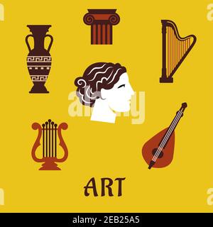 Art classique plat et instruments de musique icônes avec une lyre, amphora, capitale sur une colonne, harpe et tête de femme avec texte Art Illustration de Vecteur