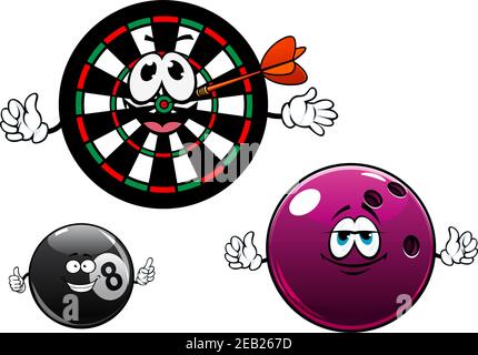 Boules de bowling et de billard, fléchettes avec personnages de dessin animé en flèche, montrant des équipements de jeu souriants heureux pour mascotte de sport ou de conception de loisirs Illustration de Vecteur