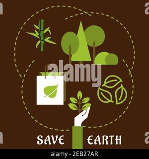 Save Earth and Ecology concept dans un style plat avec une main tenant une jeune plante verte, sacs écologiques recyclables, bambou, arbres verts et feuilles Illustration de Vecteur