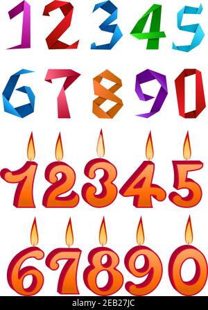 Ensembles de chiffres décoratifs, l'un dans le style origami et l'autre avec des flammes de bougie pour l'usage de design d'anniversaire ou d'anniversaire, isolé sur fond blanc Illustration de Vecteur