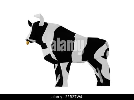 Taureau noir et blanc en poly bas, figurine d'animal en papier plié, un symbole de la nouvelle année 2021, rendu 3d Banque D'Images