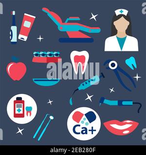 Dentisterie icônes plates avec dentiste en uniforme, instruments dentaires, chaise, seringue, bretelles, calcium, sourire crasseux, brosse et pâte à dents, pomme, médicament Illustration de Vecteur