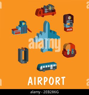 Icônes d'aéroport à volume coloré avec un avion, un camion à bagages, un terminal, un scanner, un bus, une carte de sécurité et un sac à dos Illustration de Vecteur