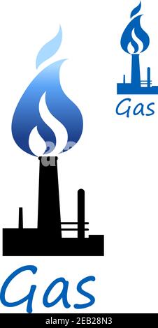 Symbole de l'industrie du gaz et du pétrole avec silhouette noire du tuyau de l'usine de raffinerie et flamme bleue, isolée sur fond blanc avec petite variante noire dans le Illustration de Vecteur
