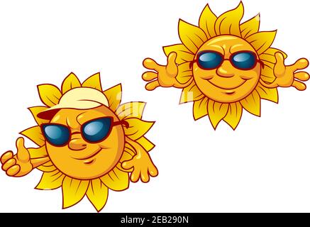 Des personnages de dessins animés souriants de soleil d'été dans des lunettes de soleil avec l'accueil ouvert armes pour le design des loisirs et des voyages Illustration de Vecteur