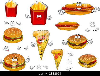 Personnages de fast food de dessin animé avec boîte de frites, tranche de pizza, hot dog avec ketchup et moutarde, hamburger et cheeseburger pour la nourriture à emporter de Illustration de Vecteur