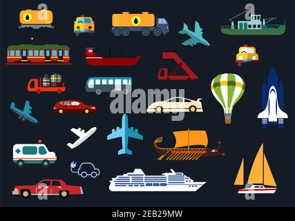 Transport icônes plates avec des avions, des marches d'avion, ballon d'air chaud, navette, voitures de bus taxi camion-citerne et chariot électrique train yacht Illustration de Vecteur