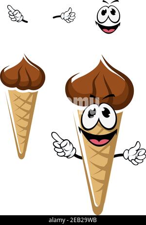 Personnage de dessin animé de cône de glace au chocolat avec gaufres croustillantes et joyeux sourire faca isolé sur fond blanc Illustration de Vecteur