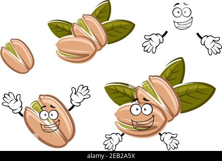 Graines de pistaches rôties aux coquillages personnages de dessins animés avec des noix vertes et des feuilles fraîches. Pour les en-cas, les noix ou le design agricole Illustration de Vecteur
