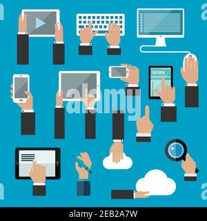 Les appareils numériques et la technologie Web sont des concepts à l'état plat, avec des mains humaines travaillant sur des tablettes, un ordinateur de bureau, un clavier, des smartphones, un stylo numérique, des données sur le cloud Illustration de Vecteur