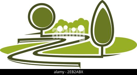 Les allées de Wnding dans le parc vert de printemps, icône comprenant des arbres, des buissons et des pelouses taillés isolés sur fond blanc Illustration de Vecteur