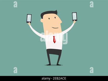 Homme d'affaires posant et faisant des doubles selfies prises avec deux smartphones. Style de dessin animé Illustration de Vecteur