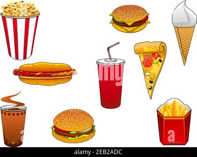 Oubliez les personnages de la bande dessinée avec des visages souriants représentant une tranche de pizza, des tasses en papier de café et de soda, des friteuses et des boîtes de pop-corn, un hot dog, Illustration de Vecteur