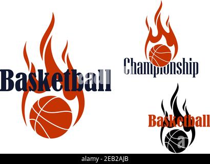 Emblèmes ou symboles de basket-ball avec des flamboyants noir et orange balles et flammes courbées de style tribal Illustration de Vecteur