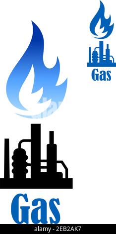 Icône industrielle avec une flamme de gaz naturel au-dessus Une usine de raffinerie avec des tuyaux avec le texte gaz ci-dessous Illustration de Vecteur