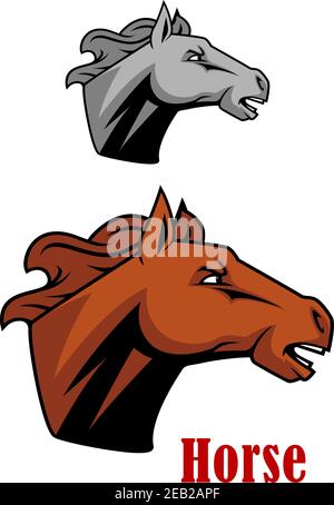 Tête de cheval brune en profil avec expression féroce et bouche ouverte comme si neighing, avec la deuxième variation grise Illustration de Vecteur