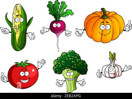 Tomates fraîches, potiron, brocoli, oreille de maïs, radis et légumes à l'ail personnages de dessin animé avec visages drôles isolés sur fond blanc, pour agricole Illustration de Vecteur