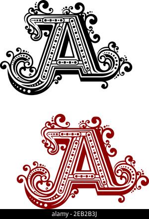 Lettre majuscule vintage A en rouge et noir variations de couleur avec des ornements dans le style victorien, isolé sur fond blanc, pour monogramme o Illustration de Vecteur