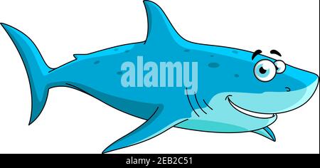 Dessin animé nageant grand personnage de requin avec bleu clair dessous et zone dorsale bleu tacheté, isolé sur blanc.peut être utilisé dans la conception de mascotte Illustration de Vecteur