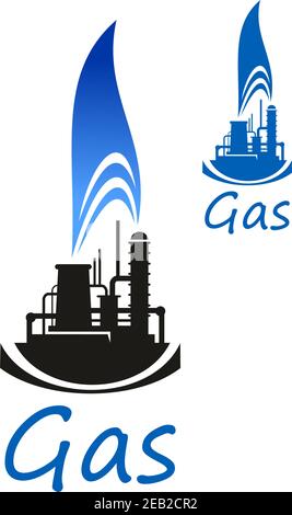 Icône de l'industrie du gaz et du pétrole avec une usine chimique ou une silhouette noire d'usine avec une flamme bleue de gaz naturel, isolée sur fond blanc Illustration de Vecteur