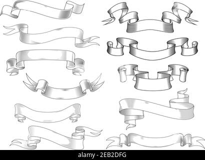 Banderoles et rouleaux de ruban vintage avec extrémités incurvées et courbées en style gravure, isolés sur blanc Illustration de Vecteur